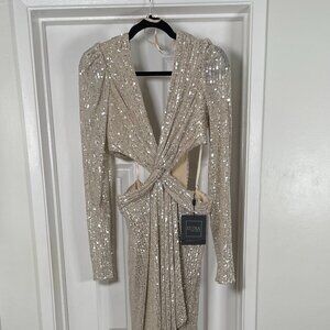 Brand New Mac Duggal Sequined Nude Evening Gown